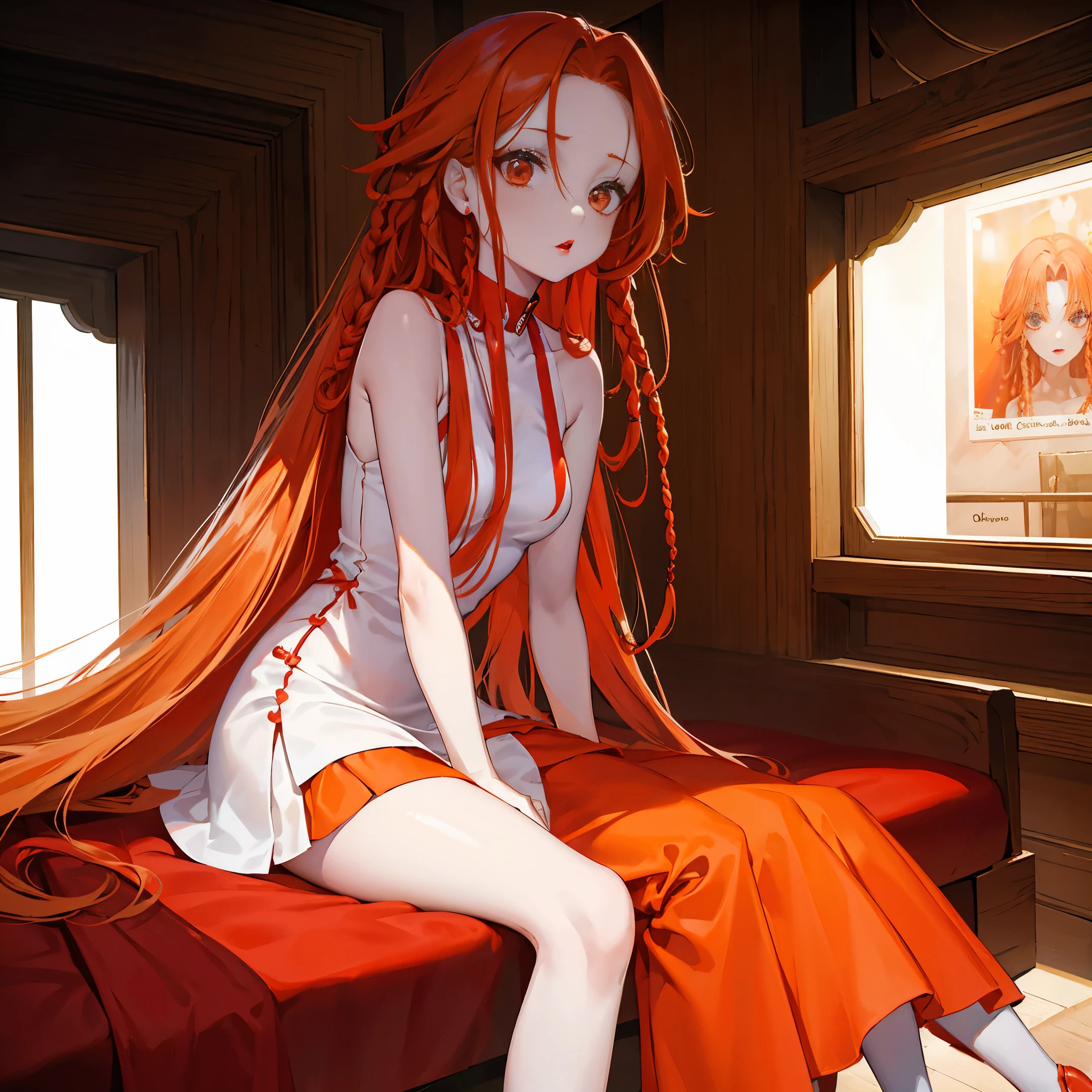 Anime girl with long red hair sitting on a bed in a room - SeaArt AI