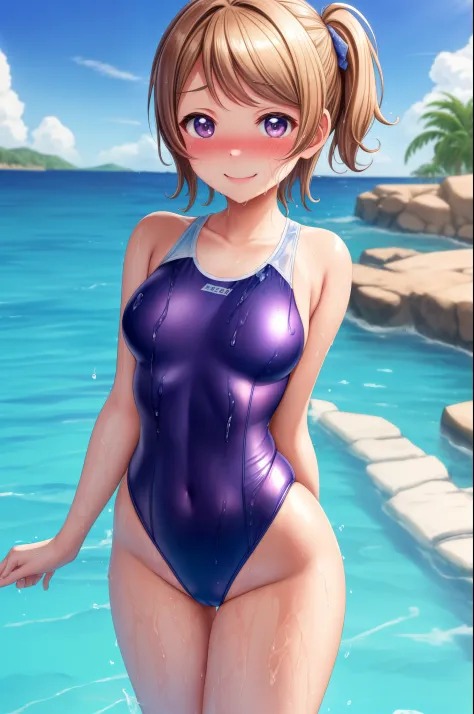 (Masterpiece)), 8k wallpaper,solo, Watanabe you, wet, standing, blushing, embarrassed pose, smile,wearing only a basic swimsuit and pumps, The shoulder area of the swimsuit is a tank top type without decoration, The waist of the swimsuit is a high-cut leot...