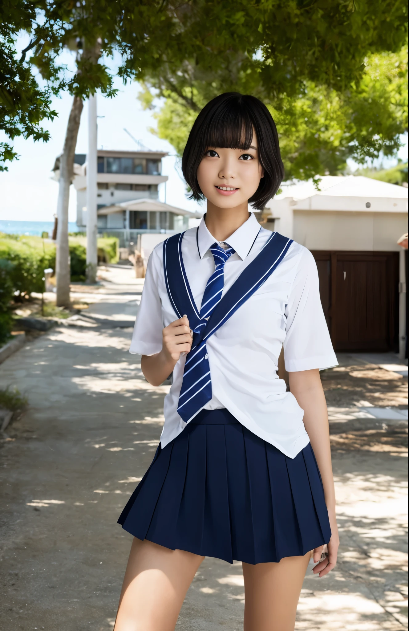 ((masutepiece)), ((Best Quality)), ((hight resolution)), ((the Extremely Detailed CG Unity 8K Wallpapers)), Solo, Tachibana plays, Tan School Uniform, Black skirt, White socks, Outdoors, Face, curtained hair, Beach, parted hair, Silver hair