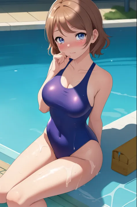 (Masterpiece)), 8k wallpaper,solo, Watanabe you, pov , (sitting,cum on body:1.1), blushing, embarrassed pose, crying eyes,wearing only a basic swimsuit and pumps, The shoulder area of the swimsuit is a tank top type without decoration, The waist of the swi...