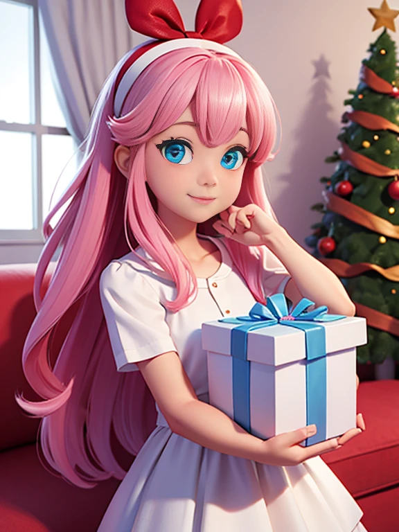 Imagen súper realista 8K UHD (((Obra maestra))), (((mejor calidad))), ((ultra definición)), de una hermosa y sonriente niña de Disney en 3D, blue eyes. cabello rosado. pequeño vestido blanco, abriendo regalos de Navidad junto al árbol en el salón, 1 chica emocionada, cara bonita y brillante