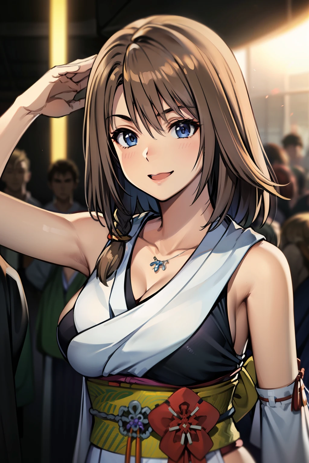 masuter piece, Best Quality, 超A high resolution, top-quality, Anime style, Best Lighting, Beautiful face, (Yuna from Final Fantasy), masutepiece, (Face Focus:1.3), A hyper-realistic, hakama, cammel toe, Super split, The best smile, A hyper-realistic, photographrealistic, (1girl in), Battle pose, huge cleaverage,  so sexy, hakama, Graceful woman, dance