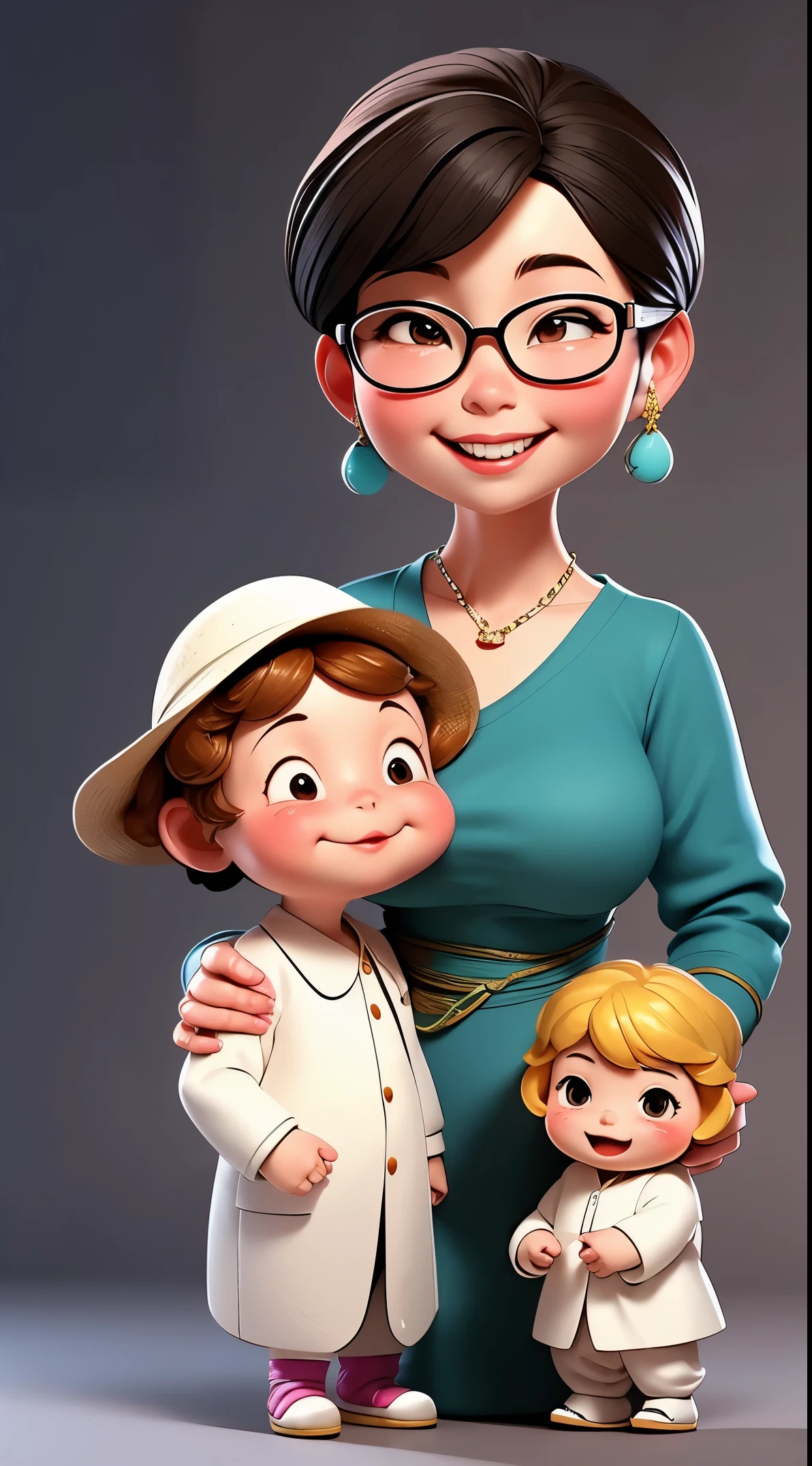 Girgeous , simple , lovely asian woman . So much love to her beautiful grandchildren ,  2 years boy and 6months girl. The boy lovingly hug his grandma and the girl is smiling. They all wear white clothes. Charming , warming , peaceful , happily they are.