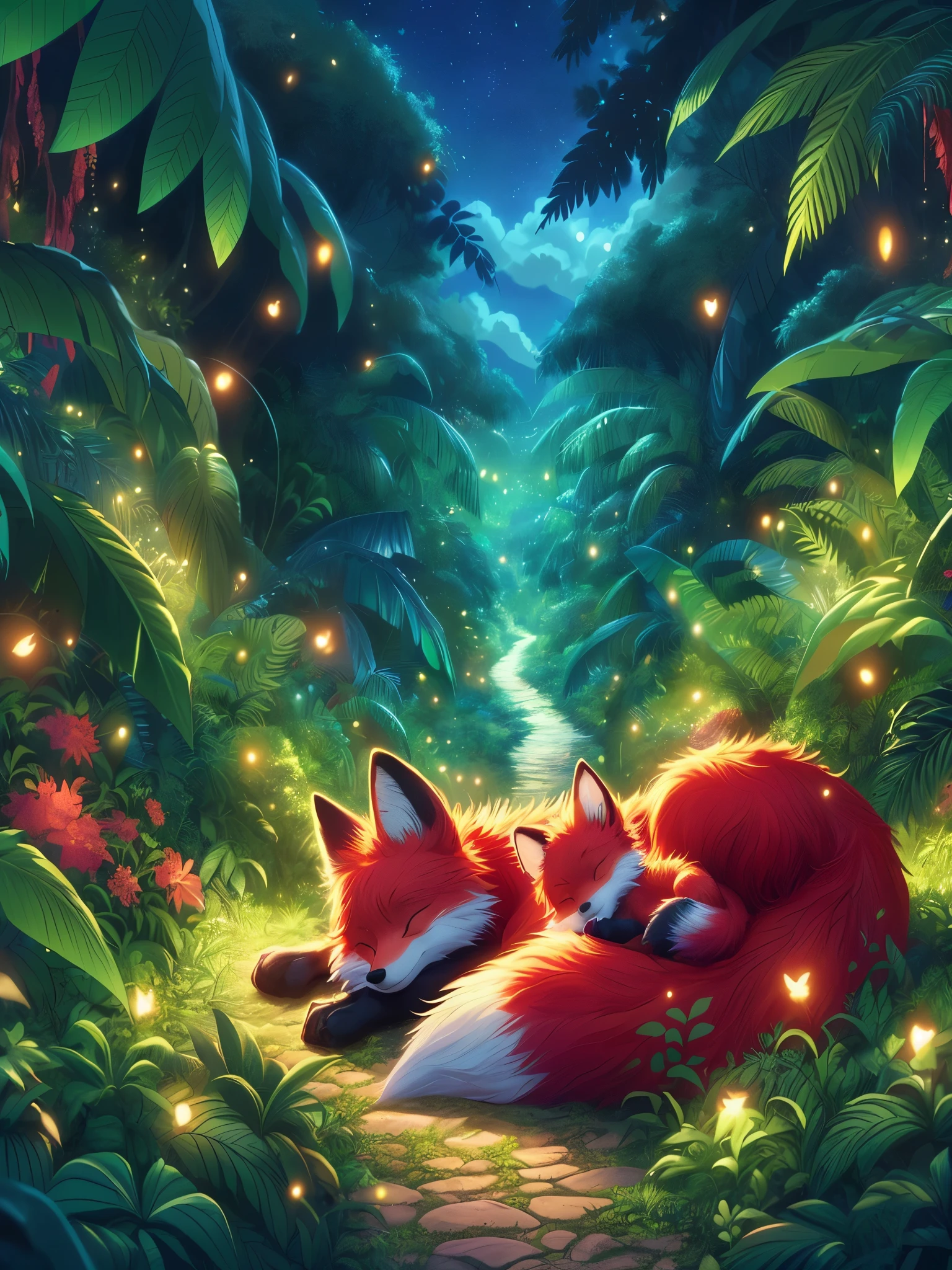 A painting of two foxes sleeping in the woods at night - SeaArt AI