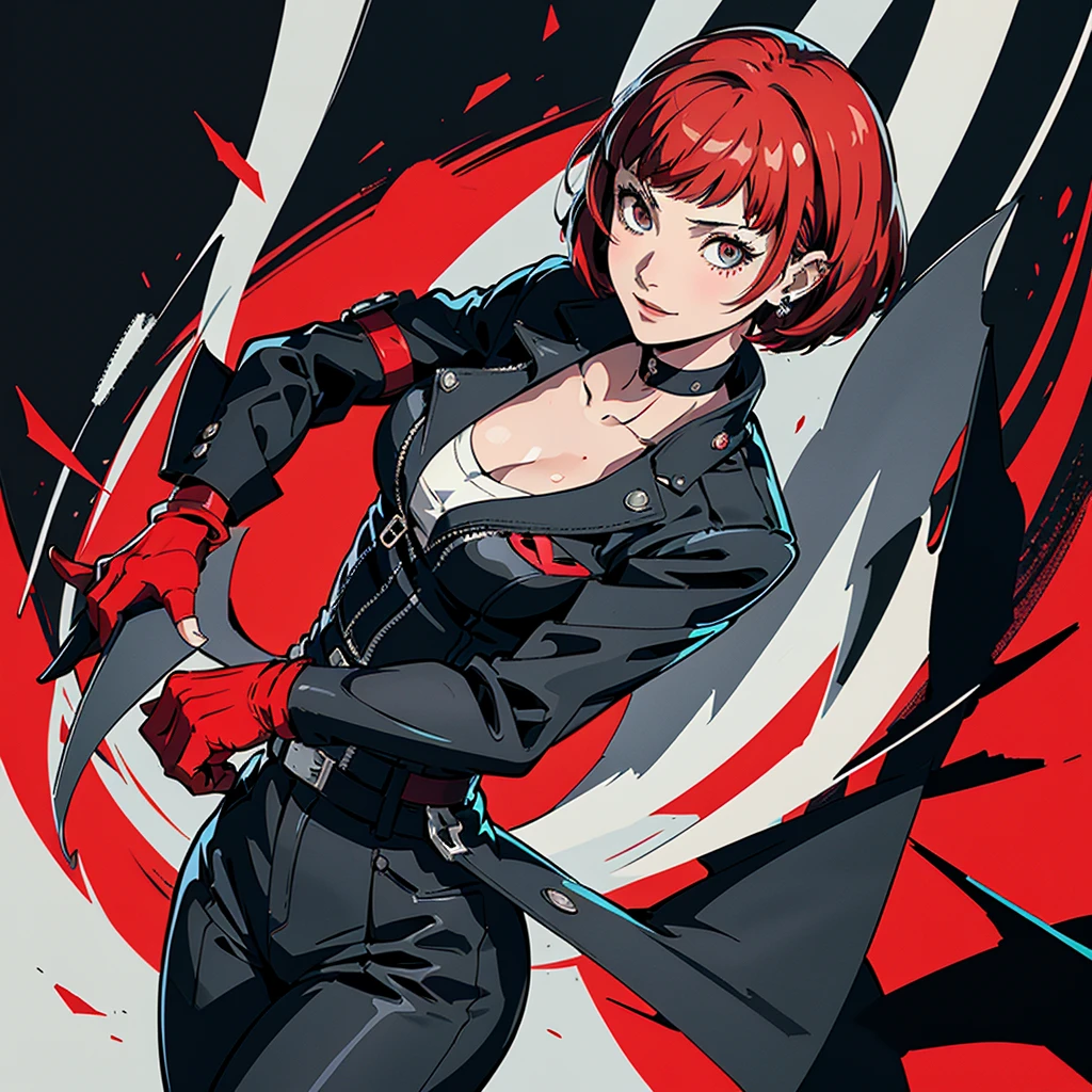 in the art style of persona 5, smal breast, delinquent, (sukeban), mature_female, blush, mature, older woman, 25 years old, Sukeban teacher outfit, (1girl, solo female, solo, solo focus)++++, choker, sukeban school teacher, sukeban school fighter, long_sleeves, open jacket, blue jacket, jean, light skin tone female, full body, jacket, biker jacket, tape, arm_support, gloves, red_gloves, bridal gauntlets, nail polish, boots, hioots, black_footwear, fighter outfit, full body, hourglass, mature face, cheeky smile, cheeky face, wrinkles, (red hair, short hair, bob cut, earrings, ear piercings), red eyeighting art, Martial arts, standing, fighting_stance, fight, fighting), extra colors, 2D, megapixel, perfectionism, accent lighting, full HD , (Masterpiece:1.2), (full-body-shot:1),(cowboy shot:1.2), (Highly detailed:1.2),(Detailed Face:1.2), Colorful, A detailed eye, (Detailed landscape:1.2), (natural lighting:1.2), ((sukeban school teacher)) by Vincent Di Fate: Aidyllery, Anamorphic Shot, rule of thirds, face by Artgerm and WLOP,