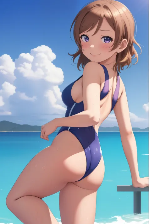 (Masterpiece)), 8k wallpaper,solo, Watanabe you, from side,ass smile,blushing, wearing only a basic swimsuit and pumps, The shoulder area of the swimsuit is a tank top type without decoration, The waist of the swimsuit is a high-cut leotard type The surfac...