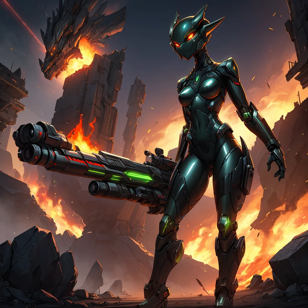 Solo, female, green black , furry, anthro, kobold, android, metallic, robotic, shiny, no clothes, small breasts, thin body, curved thighs, standing, battlefield, holding blaster gun, demonic, glowing eyes, explosions, fires, debri, science fiction, scifi, high quality, mastpiece, war, fighting, sexy, detailed,