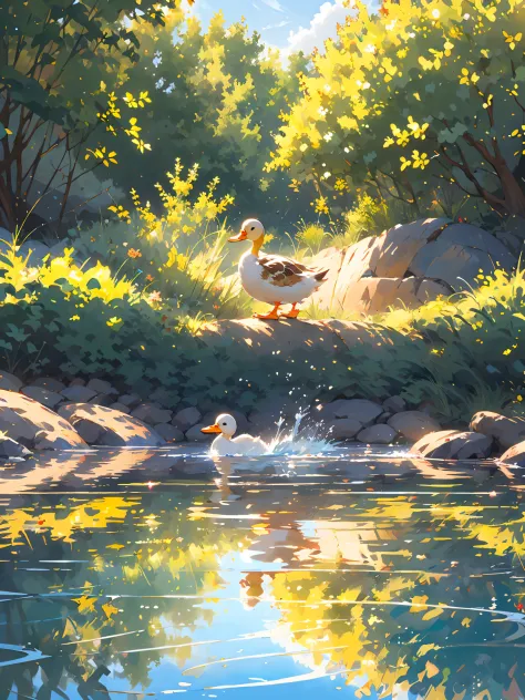 (masutepiece:1.2), best quality,pixiv,duck, reflection,reflective water,流れるプールで遊ぶduck、a delightful、cute little,splash water,wate...