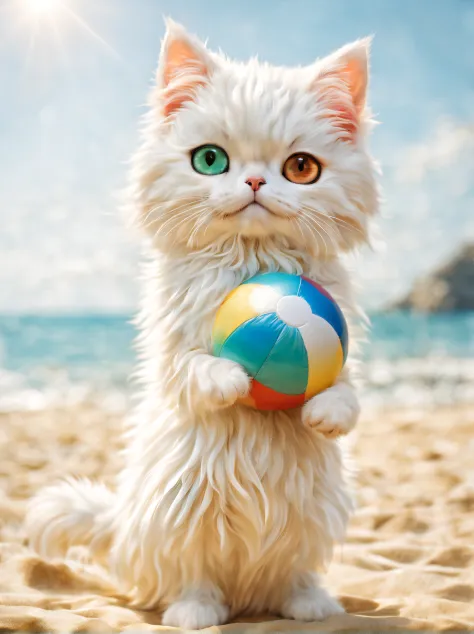 (minuet、Holding a beach ball、odd eye、Standing),minuetの海水浴,summer sunlight,cute little,​masterpiece,top-quality,Fluffy cat,,A delightful,tre anatomically correct,,Fantasia,Cats,minuet,odd eye