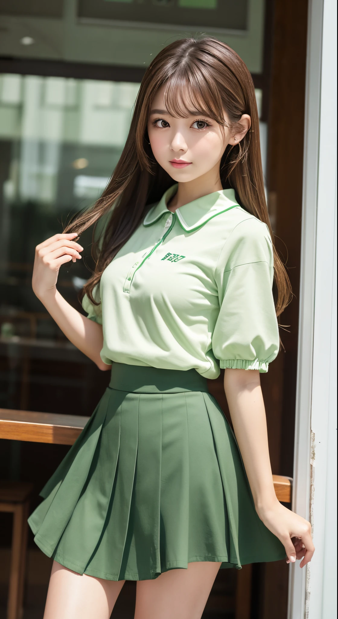 A woman in a green skirt and a green shirt posing for a picture - SeaArt AI