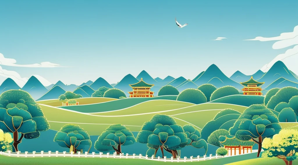 China-style，rolling hills，the trees，white crane