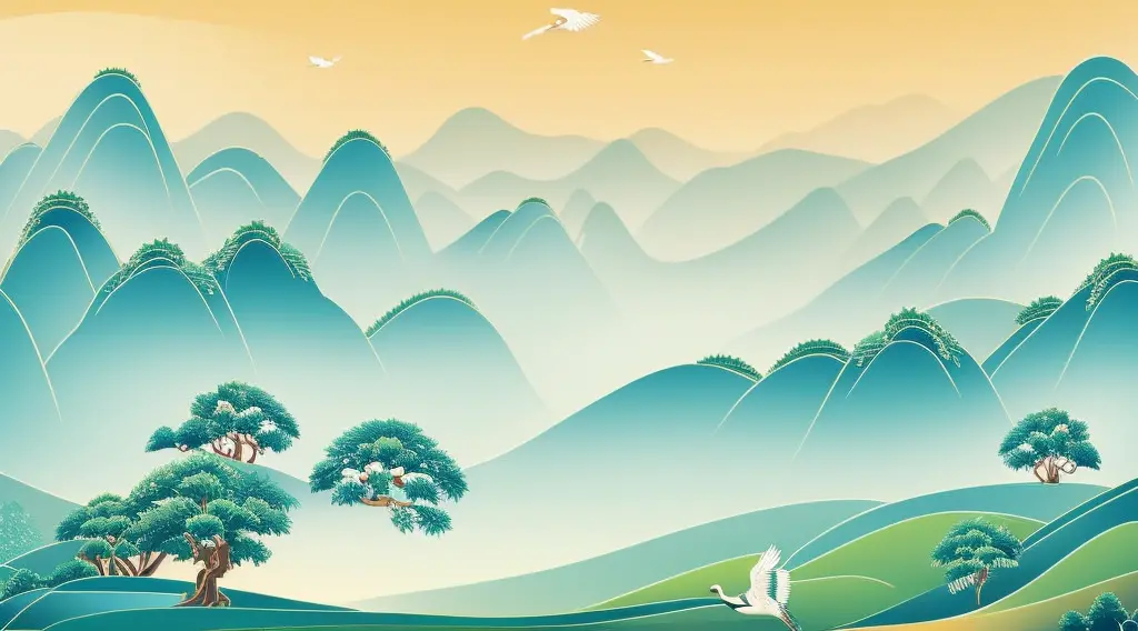 china-style，rolling hills，the trees，white crane