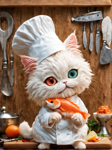 (minuet、In the middle of the meal、cut fish on a cutting board、Chef attracts、Chef's Hat,odd eye),,cute little,​masterpiece,top-quality,Fluffy cat,,A delightful,tre anatomically correct,,Fantasia,Cats,minuet,odd eye