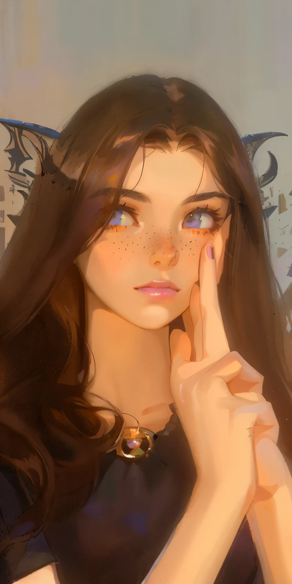 Anime girl with blue eyes and freckled hair holding her finger to her face  - SeaArt AI