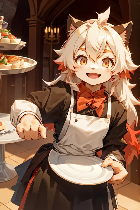 anthropomorphic red wolf, waiter, wearing medieval clothes, smiling, cute, loli, small body,