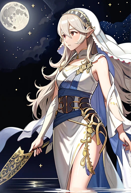 obra maestra , mejor calidad  , solo  , emblema de fuego , emblema de fuego fates , Corrin ( emblema de fuego )  , Corrin ( femenino ) , Corrin a la deriva ( emblema de fuego heroes ) , pelo muy largo , velo largo de encaje plateado con estrellas  , veil covering Corrin’s face , tiara plateada conectada al velo , vestido blanco largo ajustado , descalzo , encaje al final del vestido , detalles de luna plateada en el vestido , luna llena en el fondo , De pie bajo la luna , expresión triste en la cara  , posición de oración , parado sobre el agua , reflejo de luna llena en el agua , carta del tarot luna