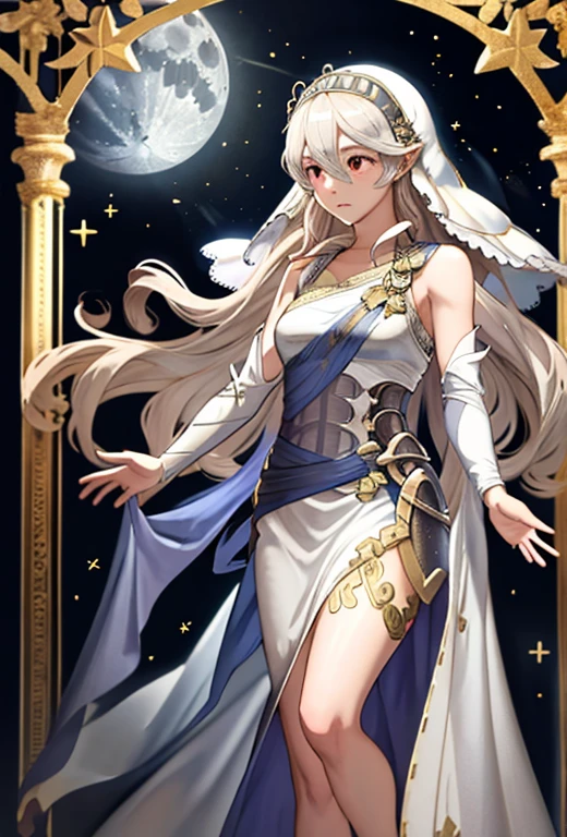 obra maestra , mejor calidad  , solo  , emblema de fuego , emblema de fuego fates , Corrin ( emblema de fuego )  , Corrin ( femenino ) , Corrin a la deriva ( emblema de fuego heroes ) , pelo muy largo , velo largo de encaje plateado con estrellas  , veil covering Corrin’s face , tiara plateada conectada al velo , vestido blanco largo ajustado , descalzo , encaje al final del vestido , detalles de luna plateada en el vestido , luna llena en el fondo , De pie bajo la luna , expresión triste en la cara  , posición de oración , parado sobre el agua , reflejo de luna llena en el agua , carta del tarot luna