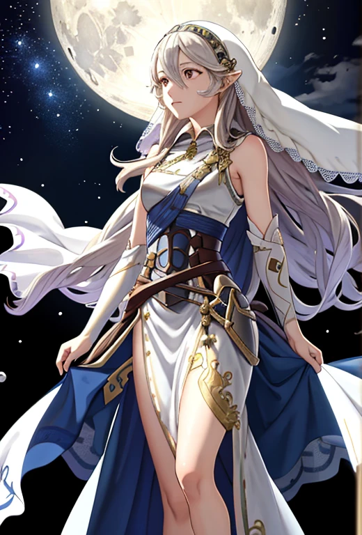 chef-d&#39;œuvre , Meilleure qualité  , seulement  , Emblème du feu , Emblème du feu fates , Corrin ( Emblème du feu )  , Corrin ( femelle ) , Corrin à la dérive ( Emblème du feu heroes ) , cheveux très longs , yeux bleus , long voile en dentelle argenté avec étoiles  , veil covering Corrin’s face , diadème argenté relié au voile , robe blanche longue et ajustée , pieds nus , dentelle au bout de la robe , détails de lune argentée sur la robe , pleine lune en arrière-plan , debout sous la lune , expression triste sur le visage  , position de prière , debout sur l&#39;eau , reflet de la pleine lune dans l&#39;eau , carte de tarot lunaire