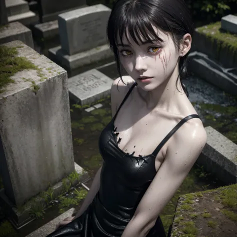 1 girl, solo, wet skin, sinister, female, thin, pale, looking at the camera, ultra realistic, fully detailed, cemetery environme...