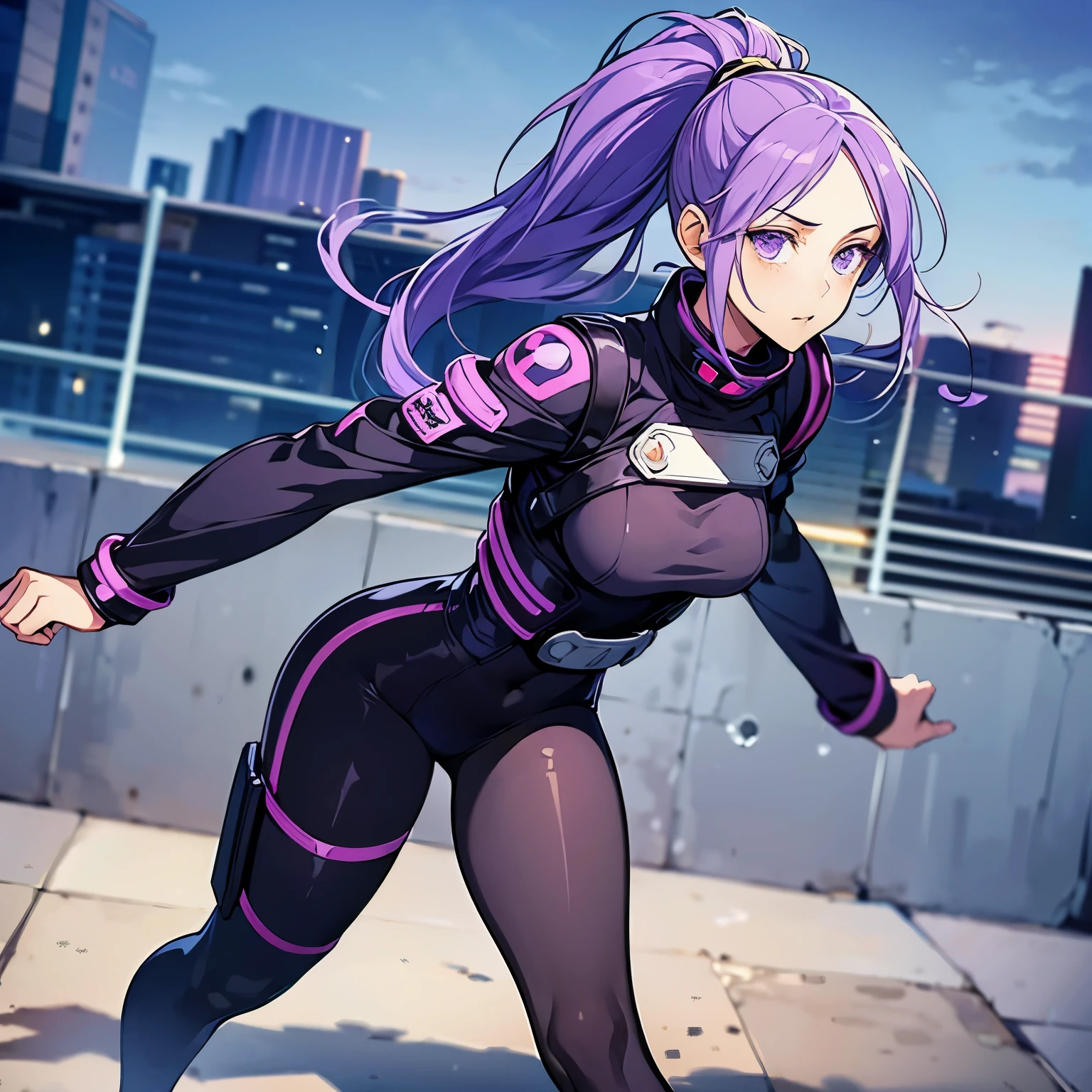 1girl,my hero academia style,raining city,midnight,1girl,23yo,purple hair,long hair,scruffy hair,ponytail,purple eyes,,large breasts,confident face,covered purple and black bodysuit,no skin exposed,focus full body.