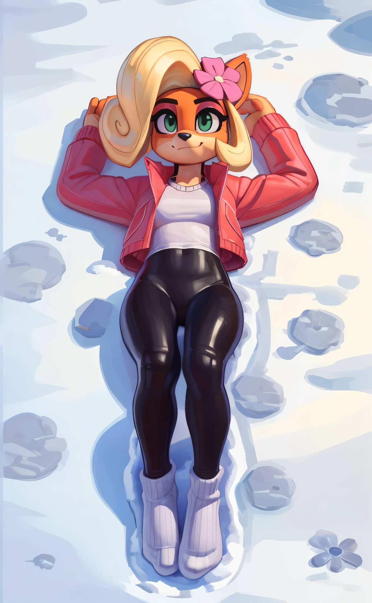 A cartoon girl laying on a snow covered ground with her hands on her head -  SeaArt AI