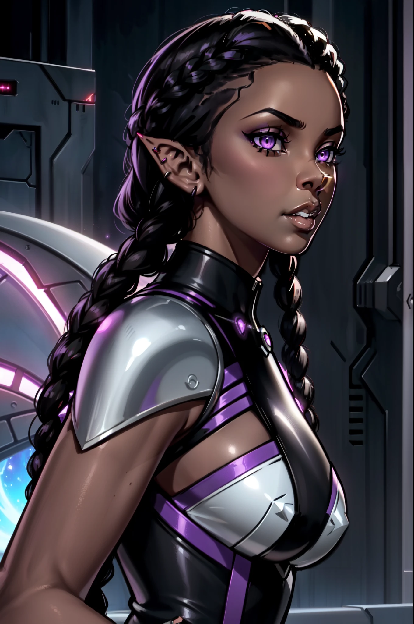 An (African-American) female, with long dark (black braids), purple eyes, dark (brown skin), (pointed ears), (slutty assassin), (sexy) black attire, (lust) demon, (Sci-fi) fantasy, (close-up shot), perfect composition, 4K, high quality, (perfect eyes), trending art, sharp focus, studio photo, (Pin-up) pose