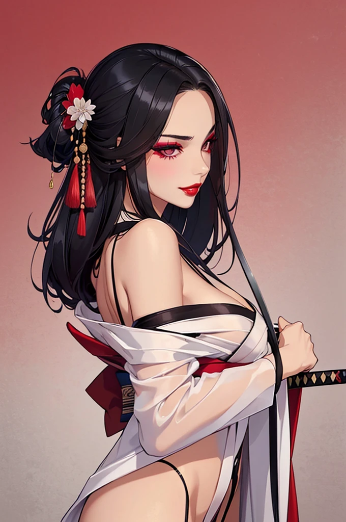 1girl,a beautiful fashion model ,(masterpiece, detailed background, best quality),long and shiny hair, black hair,smirk,juicy lips,red lips, lingerie, stripping, elegant makeup, exhibitionism, thot, slutty makeup, PersonukikoAmagi, katana, open kimono