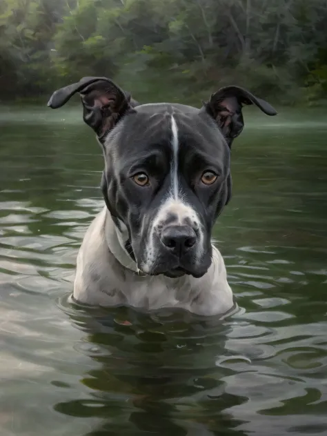 Photograph of a black and white pitbull terrier with puppy dog eyes dog paddling in the lake., depth of field, cinematic lightin...