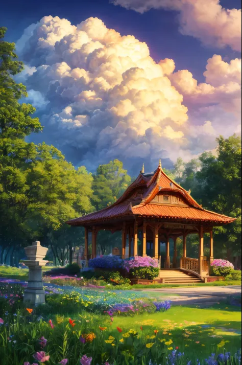 "Oil painting, ((mysterious girl)), harp notes in the air, pavilion surrounded by wildflowers, ((dramatic cloud formation)), ric...