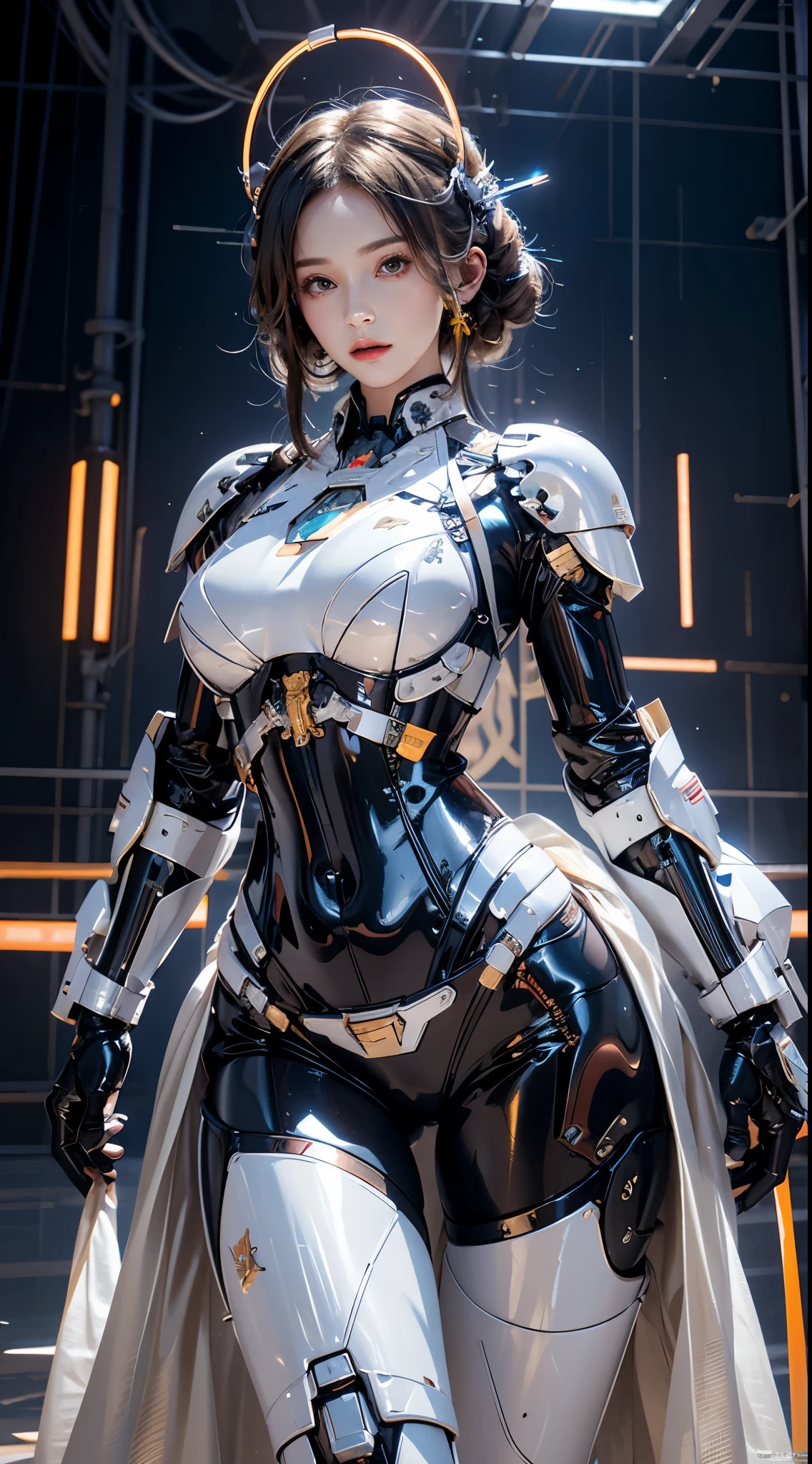 Photorealistic, High resolution, 1womanl, maturefemale, Solo, hips up high, 机器人, mecha musume,Mechanical parts, 机器人 joints,Single mechanical arm, Headgear, Mechanical halo,Star Halo,intricate mechanical bodysuit, mecha corset, full armor, White Mecha Body