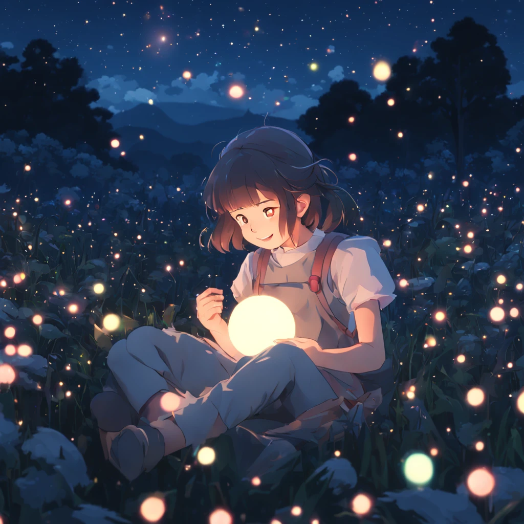 wide  shot view, cinematic ,spectacular , 8k ,hi res , studio Ghibli style ,anime , young girl ,smiling ,playing with colored  lights sparks ,night  sky ,firefly's ,moonlight ,landscape in back ground light clouds.