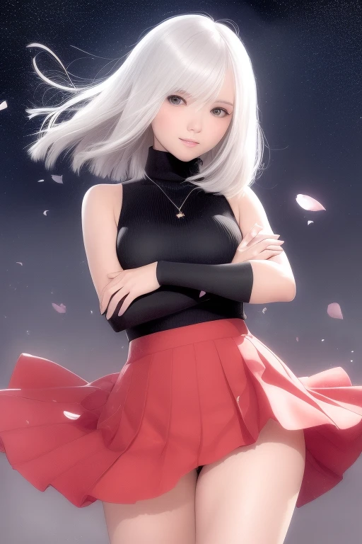 (Short flowy haircut) , cute medium side bangs, ((white hair)), galaxy scenery background, (starry evening sky), ultra detailed, young Japanese woman, (wearing elegant bracelet) , ((wearing thick thigh strap)), beautiful face, ((wearing a bright sleeveless turtleneck knitted sweater)), ((pleated skirt)), ((hair flowing beautifully in the wind)) , perfect smooth legs, (finger on lips), (crossed arms), (((contrast rich rim lighting from both sides))) , ((very short golden finger nail polish)), (laced up boots with high heels) , perfect eyes, firm large sized breast, crossed arms, thick calves, correct anatomy, tony taka art style, (cherry petals flying in the air by a soft breeze), standing with one leg diagonally behind the other ,ultra wide angle view,  jewellery, ((cinematic depth of field)), bokeh particles, underwear, (((girly posing))), (blushing and smiling face)