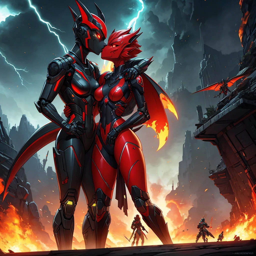 Female, kissing, hugging, loving, green black red, furry, anthro, kobold, android, metallic, robotic, shiny, no clothes, small breasts, thin body, curved thighs, standing, battlefield, holding blaster gun, demonic, glowing eyes, explosions, fires, lightning, debri, science fiction, scifi, high quality, mastpiece, war, fighting, sexy, detailed,