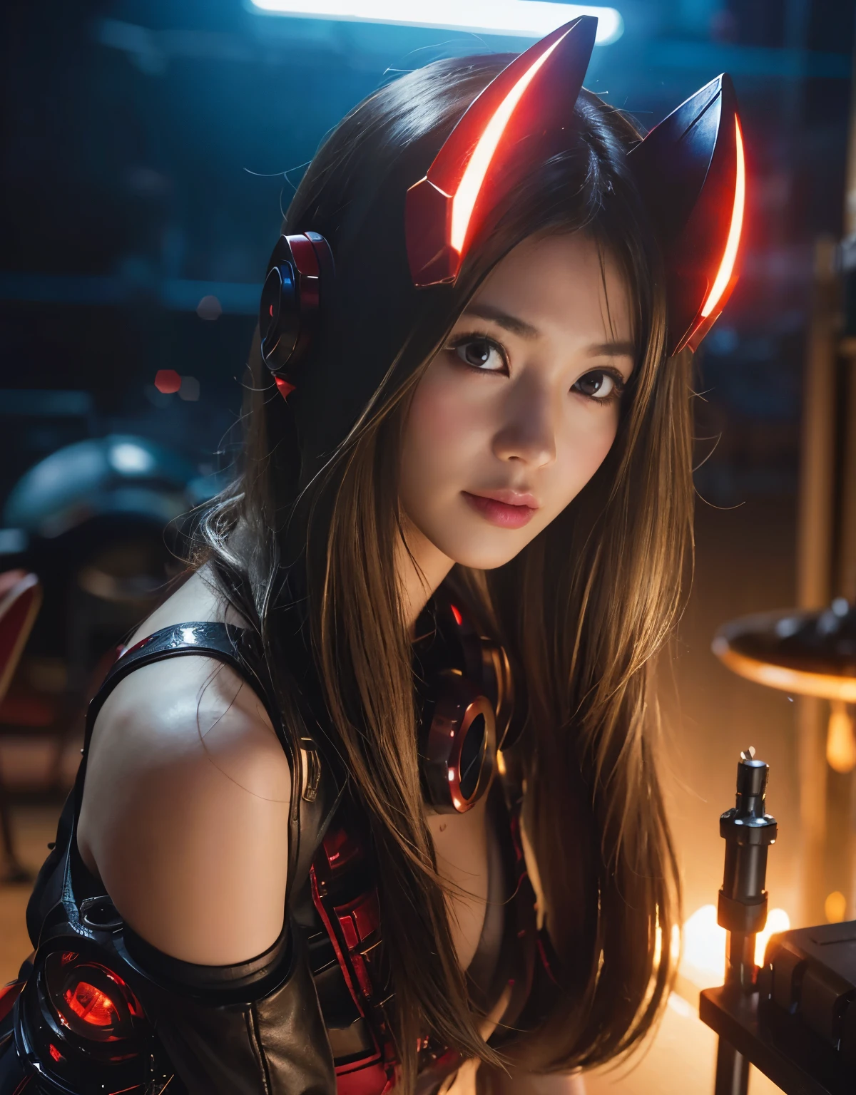 (Skimpy mechanical girl and alien background)、（Mystical expression）、top-quality、​masterpiece、超A high resolution、(Photorealsitic:1.4)、Raw photo、1 girl、glowy skin、(((1 Mechanical Girl)))、（red metalボディスーツ）、(Natural alien background to fight aliens)、(Small LED)、((super realistic details))、vertical giant monster background),globalillumination、Shadow、octan render、8K、ultrasharp、equipment people background、Colossal 、Raw skin exposed in the cleavage、red metal、Details of complex ornaments、Japan details、highly intricate detail、Realistic light、(Mystical expression),CG Society Trenlow Eyes、Eyes shining towards the camera、Mechanical marginal blood vessels connected to neon detail tubes)、(Wires and cables connecting to the head)、Small LED、,Mechanical thighs、Toostock、（Hands are also made of machines）、、future alien、Please wear a mechanical helmet、
