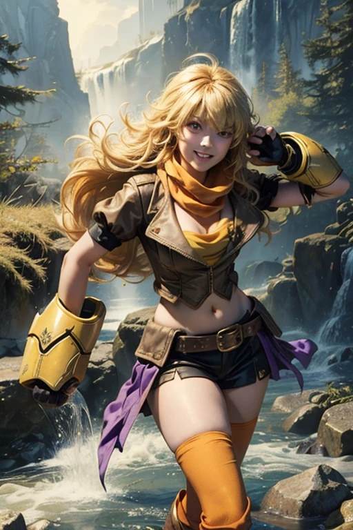 (masterpiece, best quality:1.2), cowboy shot, solo, 1girl, yang xiao long, grin, ahoge, purple eyes, yellow tube top, skirt, boots, black fingerless gloves, orange scarf, midriff, cleavage, large breasts, standing near waterfall