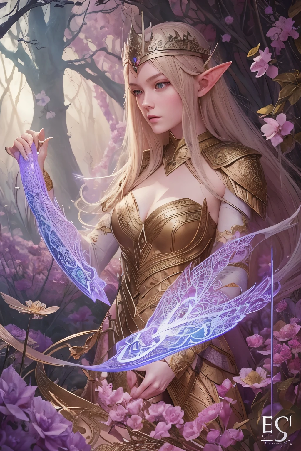 Gorgeous and beautiful elf warrior queen tarot cards, Fractal Magic, Illustration in the style of Travis Charest, Ink lineart, poster for, Elle Fanning Model, cgsociety, Fantasy Art, Detailed illustration, Mystical, Botanical masterpieces, Detailed, Hyper-realistic, Eremet in symbolism and surrealism, intricate designs, Intertwined, Beautiful woman, Flowers, pastel.