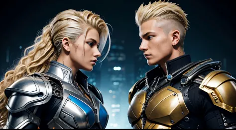 Blond wavy mohawk hair ,Cyborg boy and girl, 16 years old, muscular,rvs  silver and gold suit, blue details, intricate details, ...