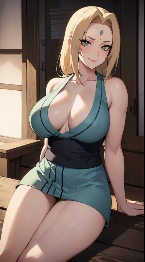 (realistic:1.2,portrait,anime,Tsunade from Naruto anime,muscular build,beautiful detailed face,long legs,big breasts,distinctive forehead mark,dressed in a kimono,hint of mischief:1.1),vibrant colors,soft lighting,Japanese garden backdrop,gleaming green ey...