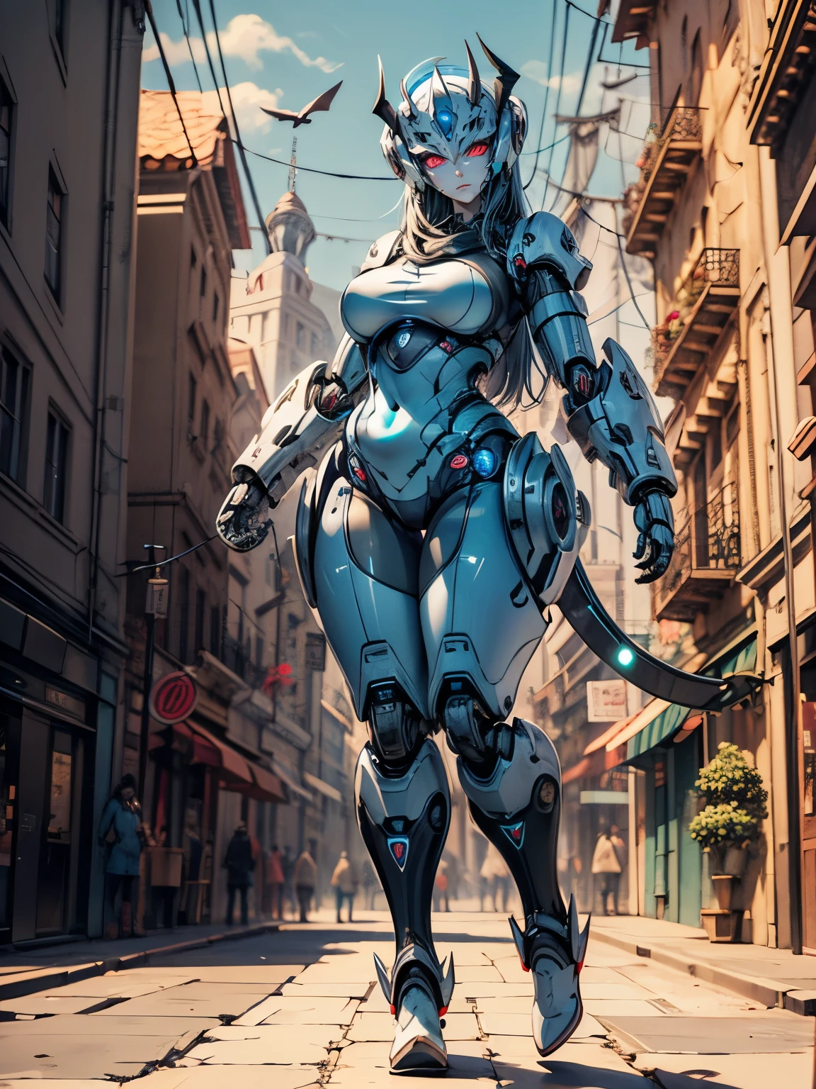 Robot non humanoid, Fille robot, long_noir_cheveux, Masque facial, Blindage pare-balles complet, peau bleue, demon, long_queue, Chubby_Female,rouge_yeux, spikes, Griffes, Le_Cuisses , ville _background