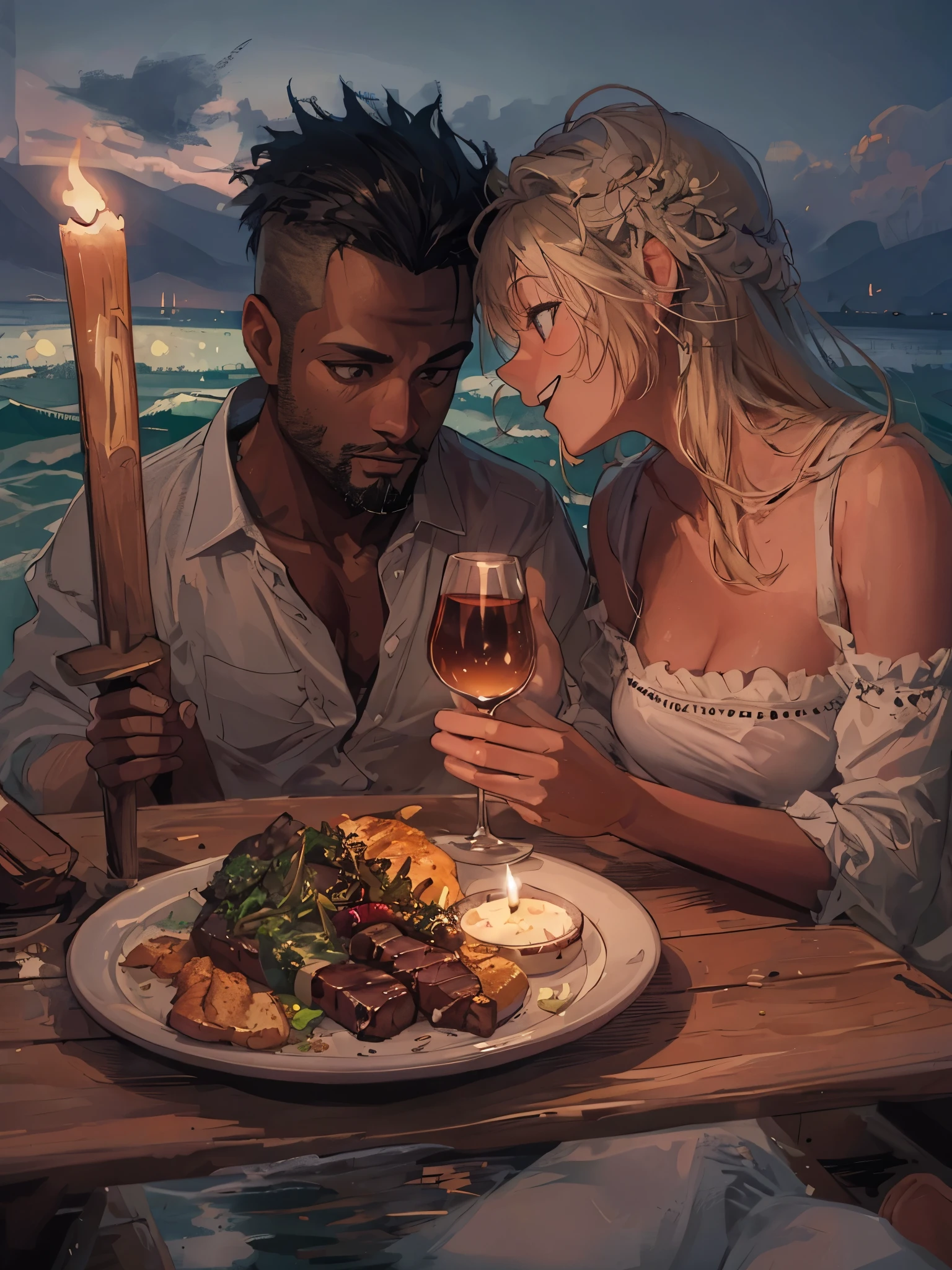 Photograph of 25 year old beautiful white american woman with blonde hair and a 28 year old dark-skinned african-american man with a goatee looking lovingly at each other while feeding each other having a candlelight dinner on a wooden raft in the ocean. loving facial expressions. plate of steak and mashed potatoes, bottle of wine, wine glasses., UHD, masterpiece, anatomically correct, textured skin, super detail, 8k