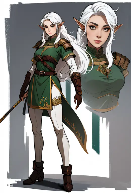 no background, background clean, standing character full body, elf female ranger, pretty face, charming face, long white hair, a...