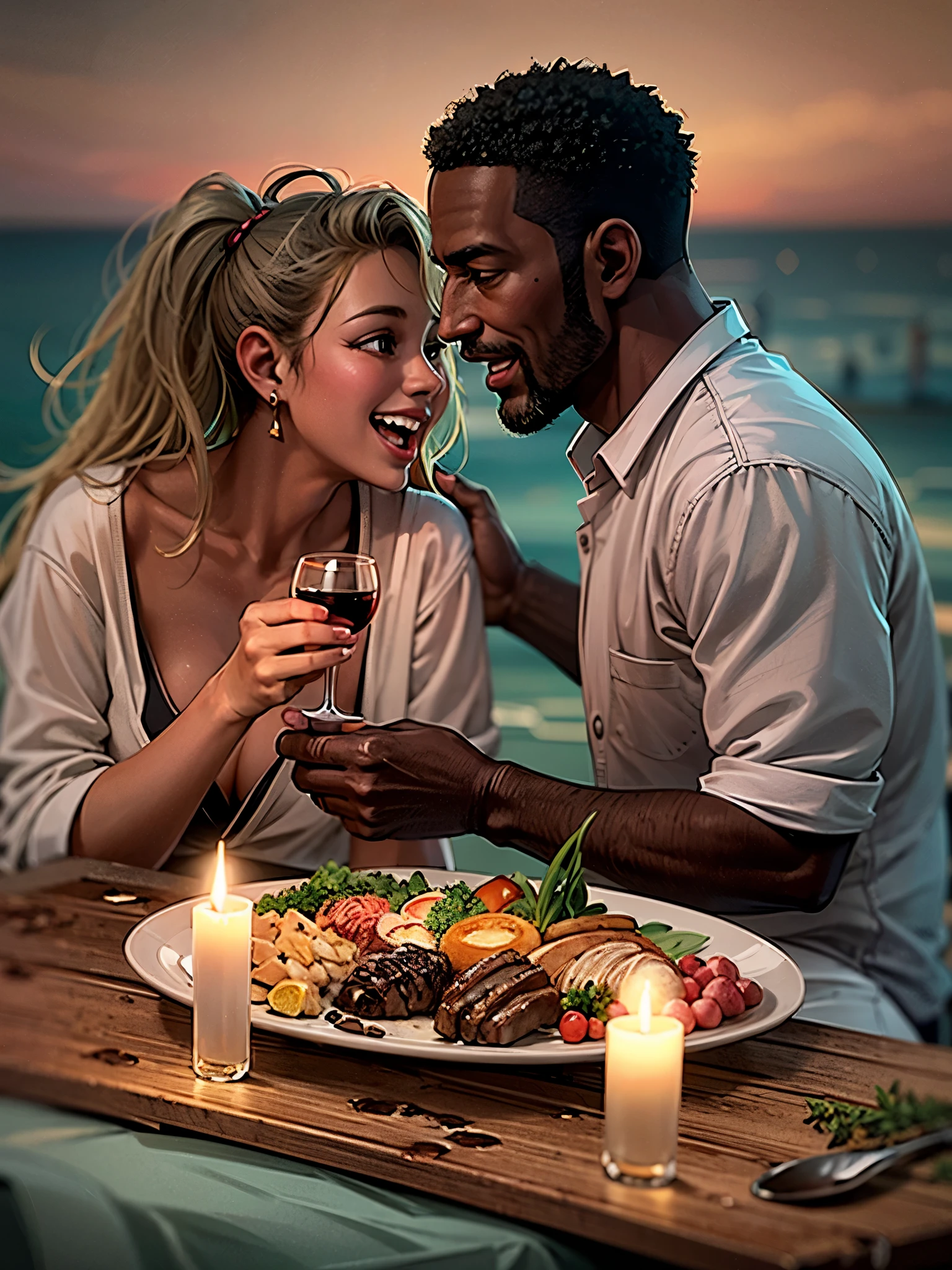 Photograph of 25 year old beautiful white american woman with blonde hair and a 28 year old dark-skinned african-american man with short hair a goatee looking lovingly at each other while feeding each other having a candlelight dinner on a wooden raft in the ocean. loving facial expressions. plate of steak and mashed potatoes, bottle of wine, wine glasses., UHD, masterpiece, anatomically correct, textured skin, super detail, 8k