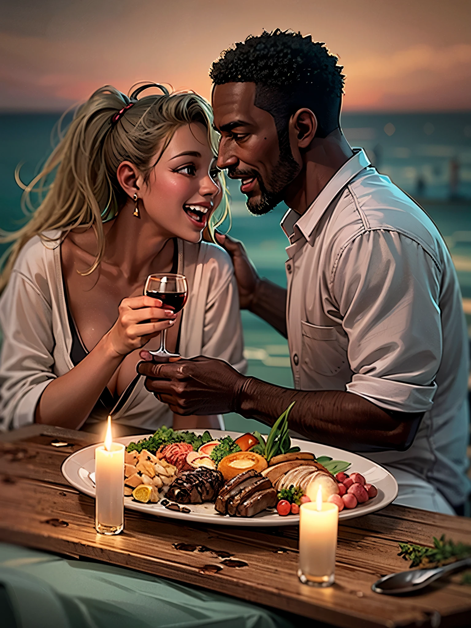 Fotografie von 2 wunderschönen weißen amerikanischen Frauen mit blonden Haaren und einem 2 dunkelhäutigen afroamerikanischen Mann mit kurzen Haaren und einem Ziegenbart, die sich liebevoll anschauen, während sie sich gegenseitig füttern und ein Candlelight-Dinner auf einem Holzfloß im Meer genießen. liebevolle Gesichtsausdrücke. Teller mit Steak und Kartoffelpüree, Flasche Wein, Weingläser., UHD, Meisterwerk, anatomisch korrekt, Strukturierte Haut, Super Detail, 8k