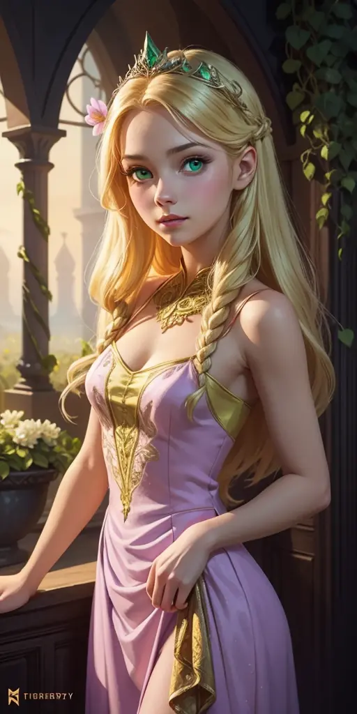 Flower Princess, Rapunzel, Beautiful, Glowing yellow glow, Long blonde hair, Green eyes, Lilac flower dress, Green ivy, Nice you...