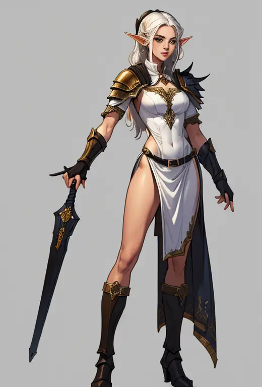 no background, background clean, standing character full body, elf woman, pretty face, charming face, long white hair, armor ran...