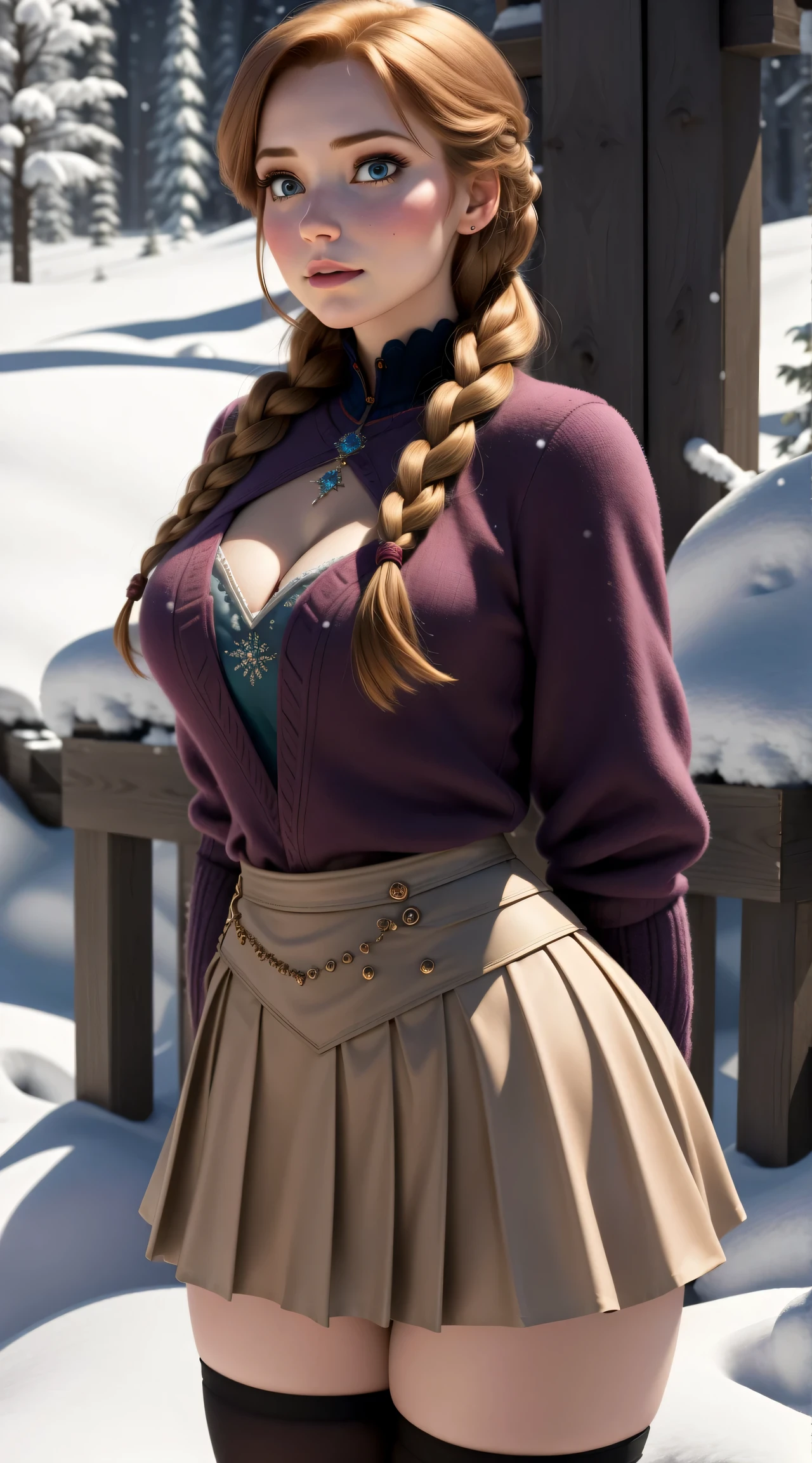 woman, ((Masterpiece, best quality)), detailed skin, highly detailed, cinematic lighting, ultra realistic, blush, looking at viewer,  anna, anna from frozen, princess, disney, brown hair, long hair, portrait, outdoor, snow,  cleavage,  large breasts,  wide hips, 
skirt, miniskirt, microskirt, pleated skirt, thighs,