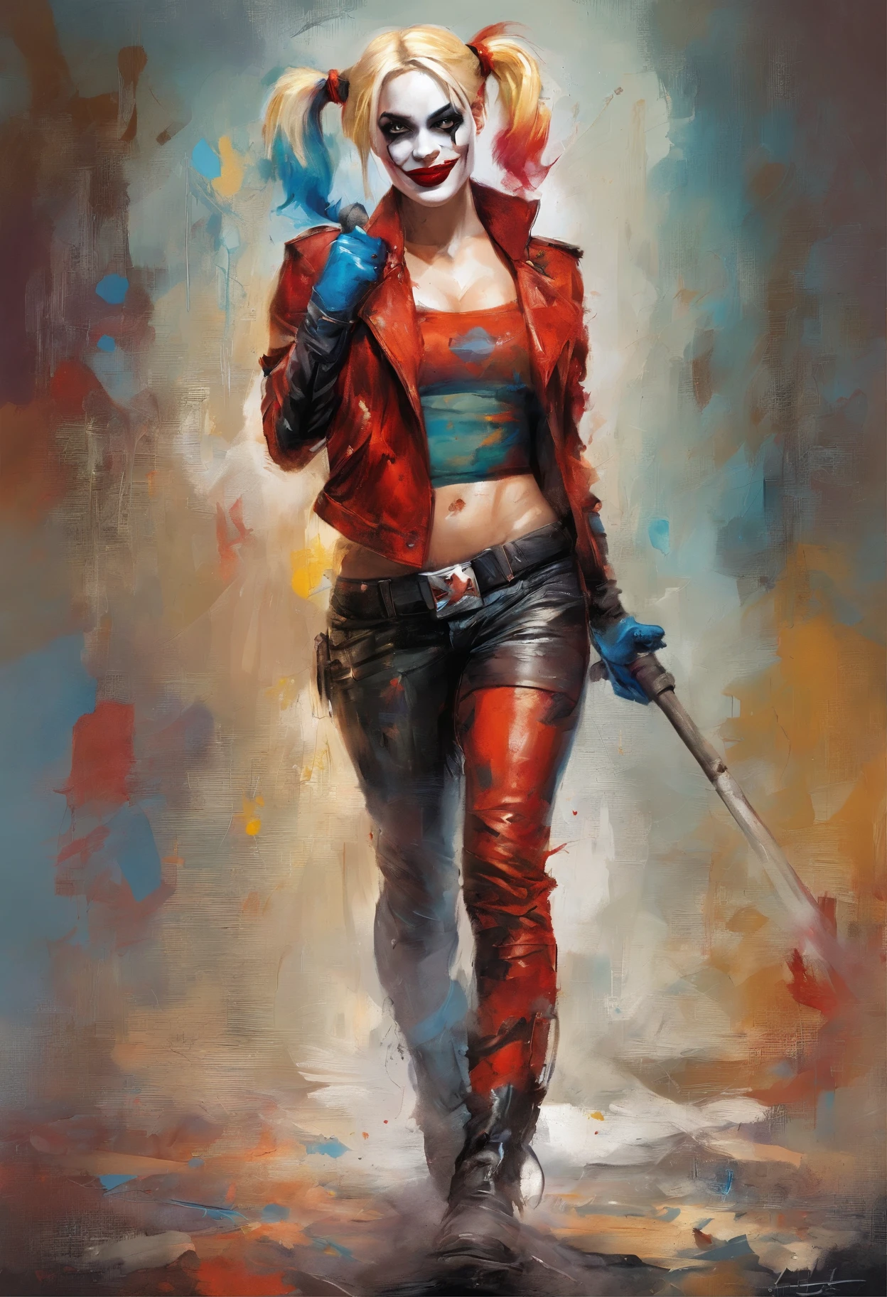 A painting of a woman dressed as a joker holding a sword - SeaArt AI