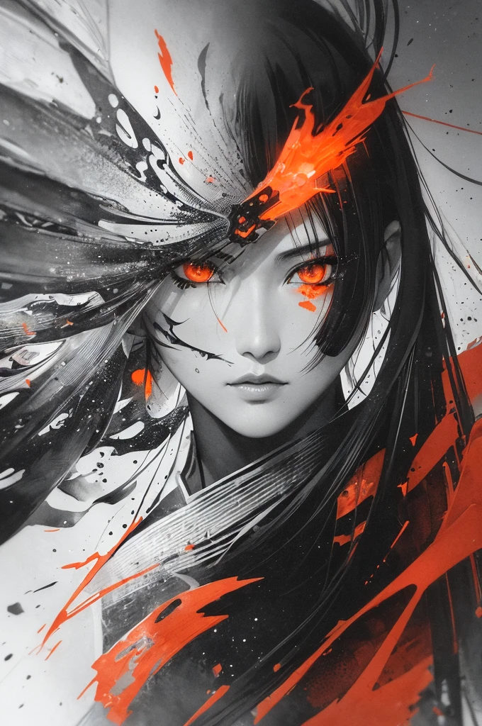 Gesichtsporträt von MeiyuCipher 1girl mit orangefarbener Spike-Aura in Bewegung, beschädigte chinesische Kleidung, schwebende Stücke, Trends auf ArtStation, scharfer Fokus, komplizierte Details, sehr detailliert, Detailliertes Gesicht (Tusche- und Aquarellmalerei, Pinselstriche, von Russ Mills und Yoji Shinkawa) beste Qualität, absurdesten, (negativer Raum) ,