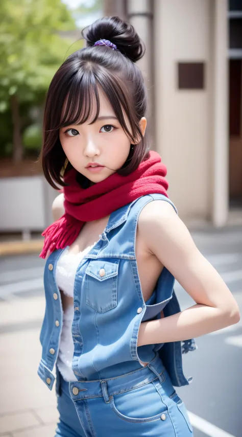 asian girl in arafe wearing denim vest and scarf,one mole in the mouth、28 year old、 one adorable japan human face, young adorabl...