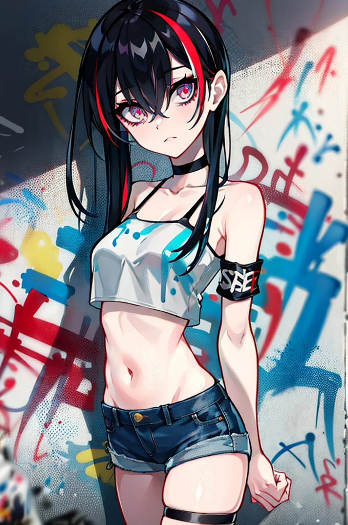 absurdres, best quality,1girl, solo, streaked hair, crop top, denim shorts, choker, (graffiti:1.25),  paint splatter, arms behind back, (slouching), leaning back, against wall, (leaning to the side:0.125), looking at viewer, armband, thigh strap, streaked hair, paint on body, upturned eyes, head down, head tilt, (from side:0.9), bored, (expressionless:0.75),  lam \(ramdayo\)